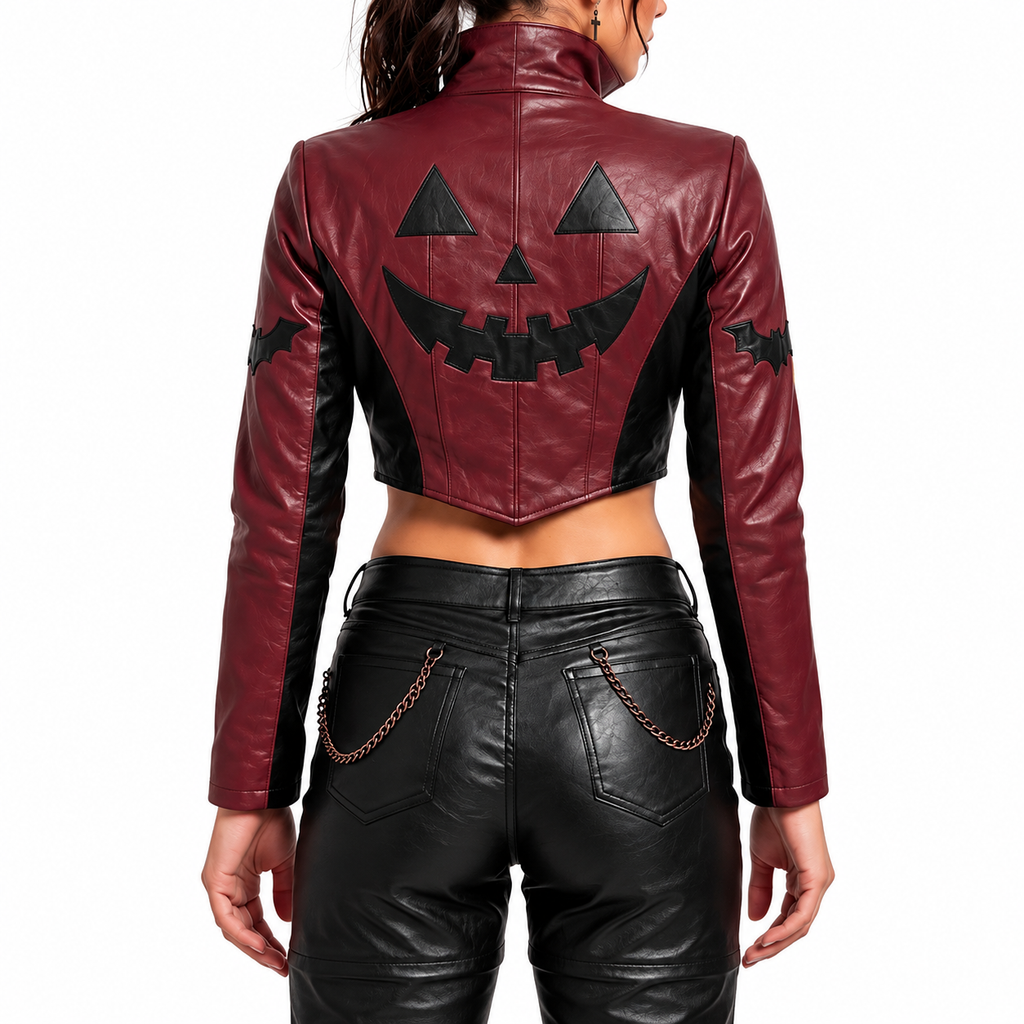 Hollywood Jackets Women’s Halloween Jack-O’-Lantern Cropped Leather Biker Jacket