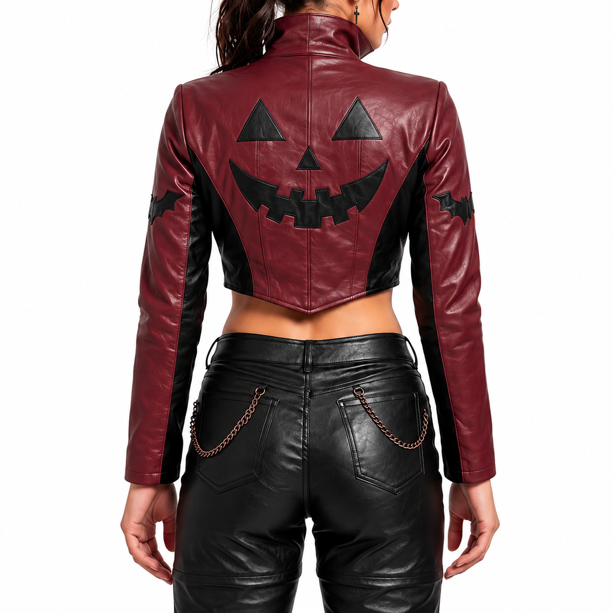 Hollywood Jackets Women’s Halloween Jack-O’-Lantern Cropped Leather Biker Jacket