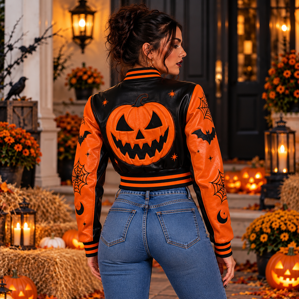 Hollywood Jackets Women’s Halloween Pumpkin Varsity Bomber Jacket