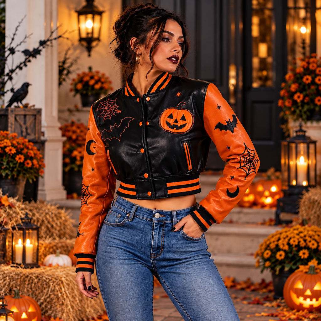 Hollywood Jackets Women’s Halloween Pumpkin Varsity Bomber Jacket