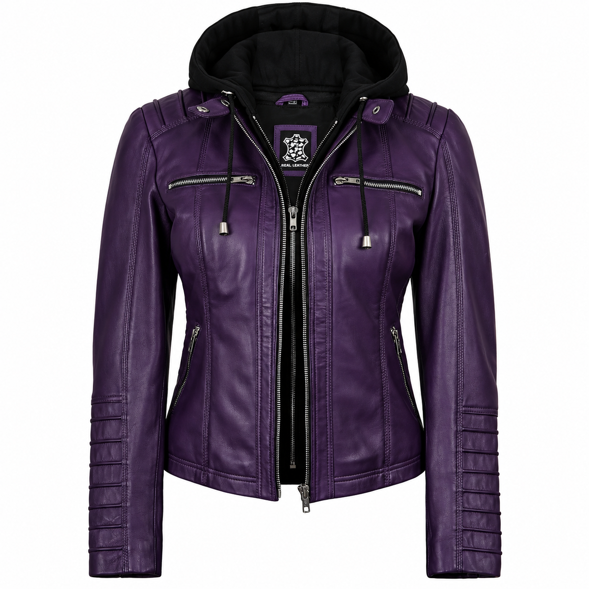 Women’s Purple Lambskin Leather Jacket with Detachable Hood