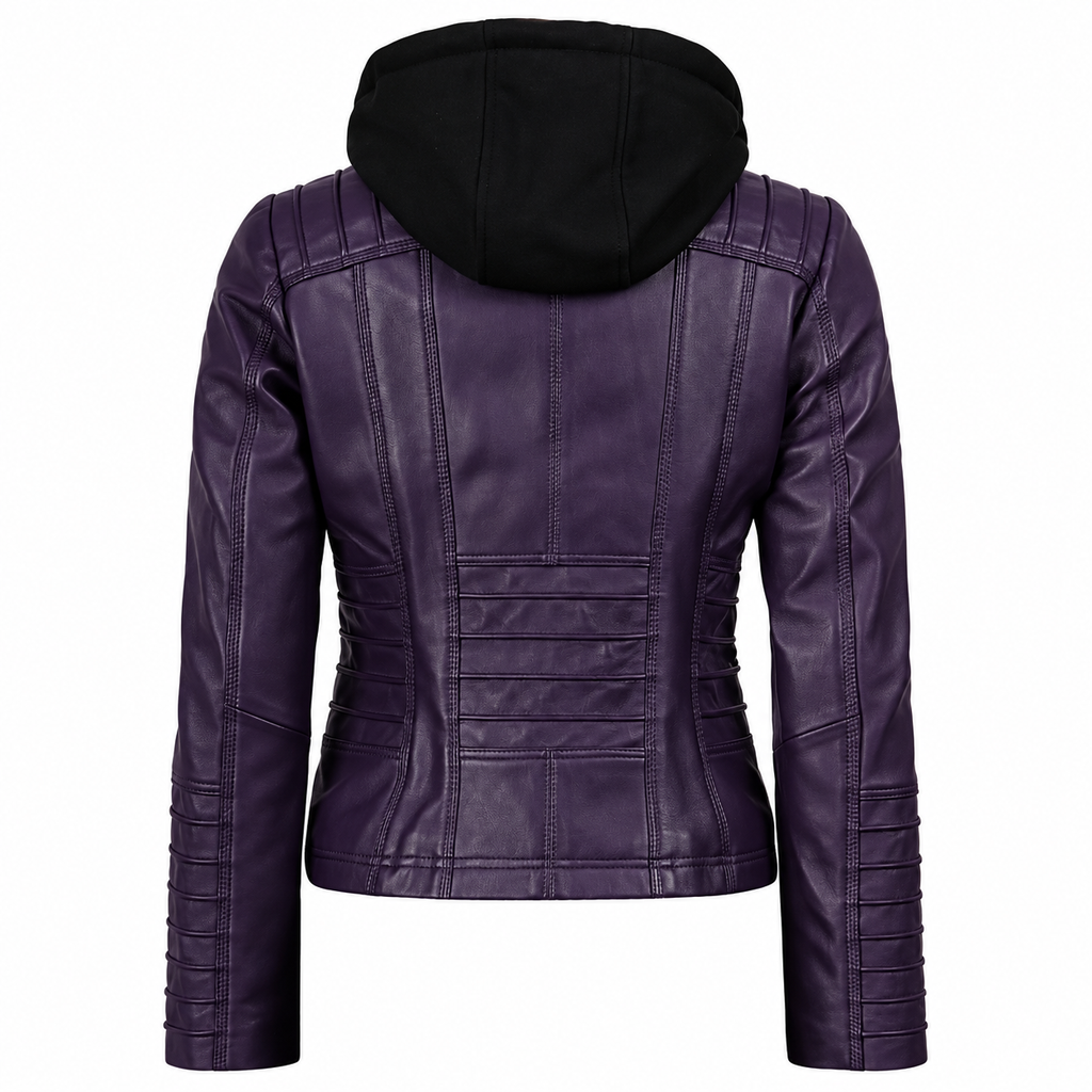 Women’s Purple Lambskin Leather Jacket with Detachable Hood