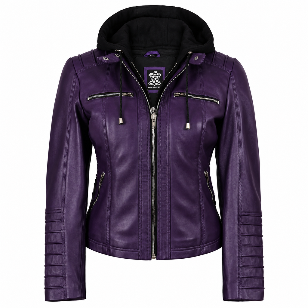 Women’s Purple Lambskin Leather Jacket with Detachable Hood