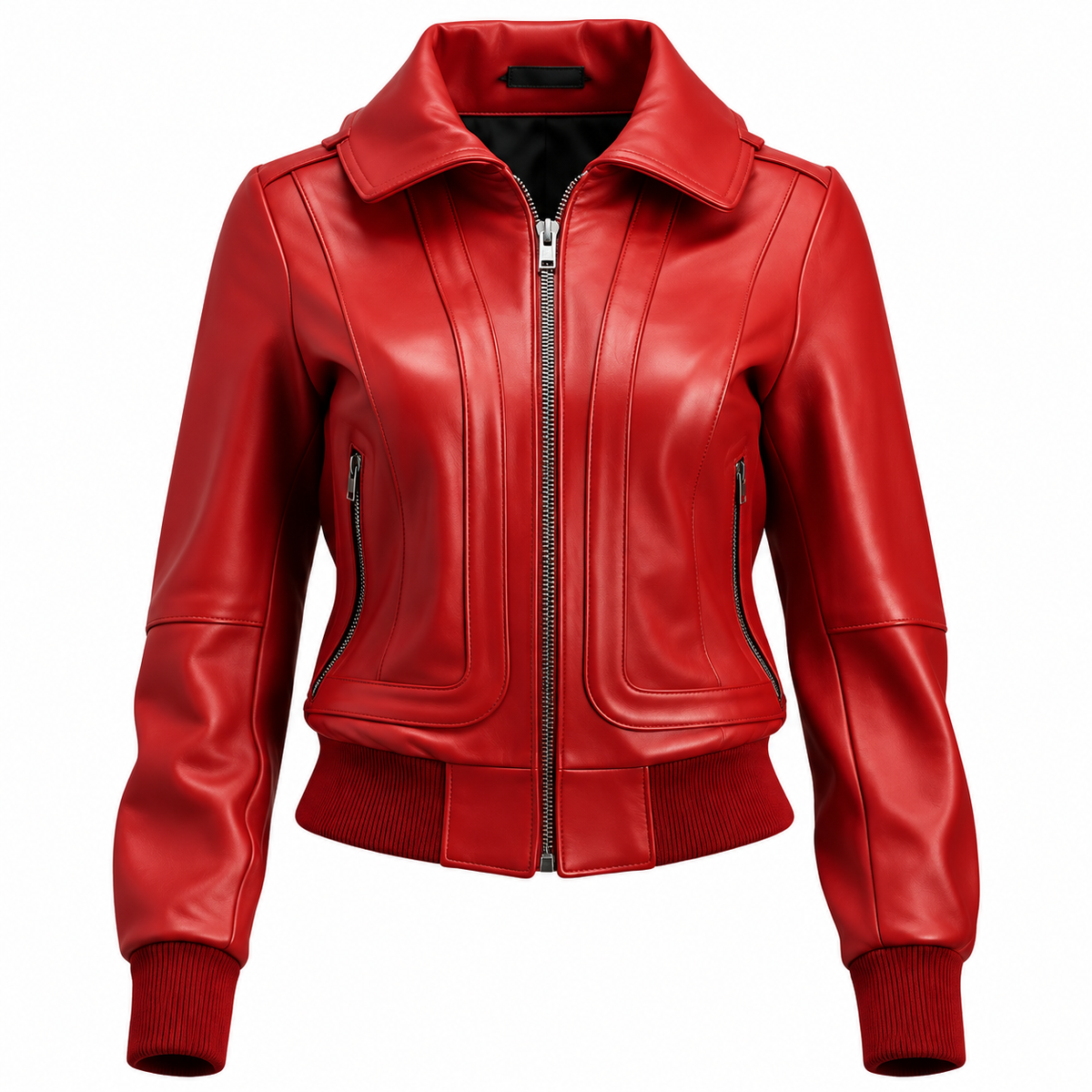 Women’s Red Leather Bomber Jacket