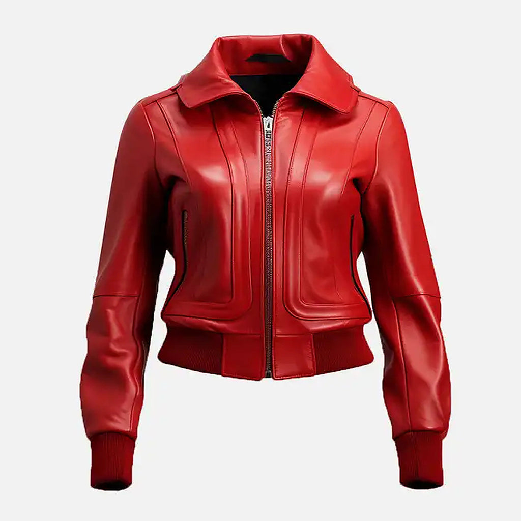 Women’s Red Leather Bomber Jacket