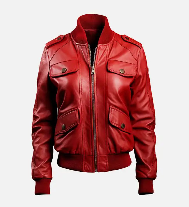 Women’s Red Leather Bomber Jacket with Strap Pockets