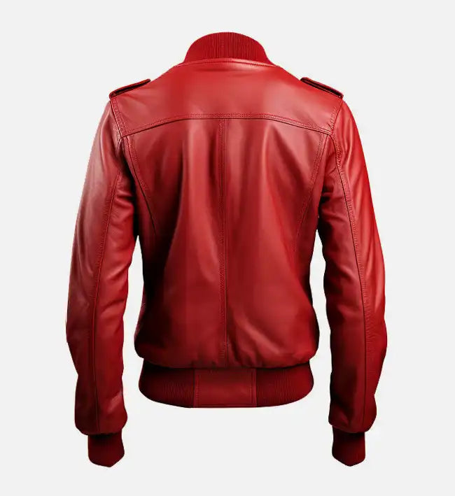 Women’s Red Leather Bomber Jacket with Strap Pockets