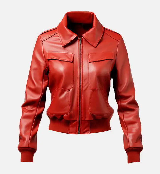 Hollywood Jackets Women’s Red Leather Bomber Jacket