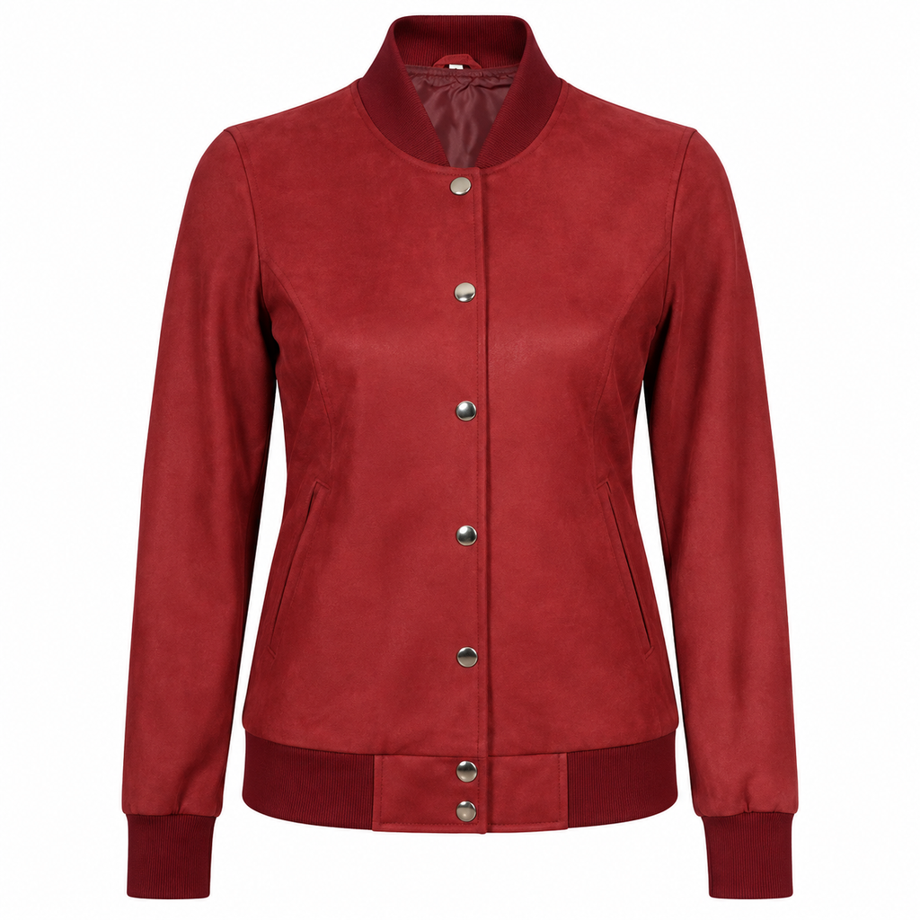 Women’s Rib Knit Style Leather Maroon Bomber Jacket