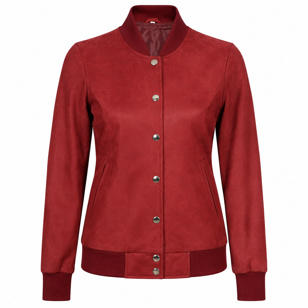 Women’s Rib Knit Style Leather Maroon Bomber Jacket