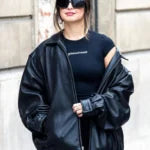 Addison Rae Black Trucker Leather Jacket