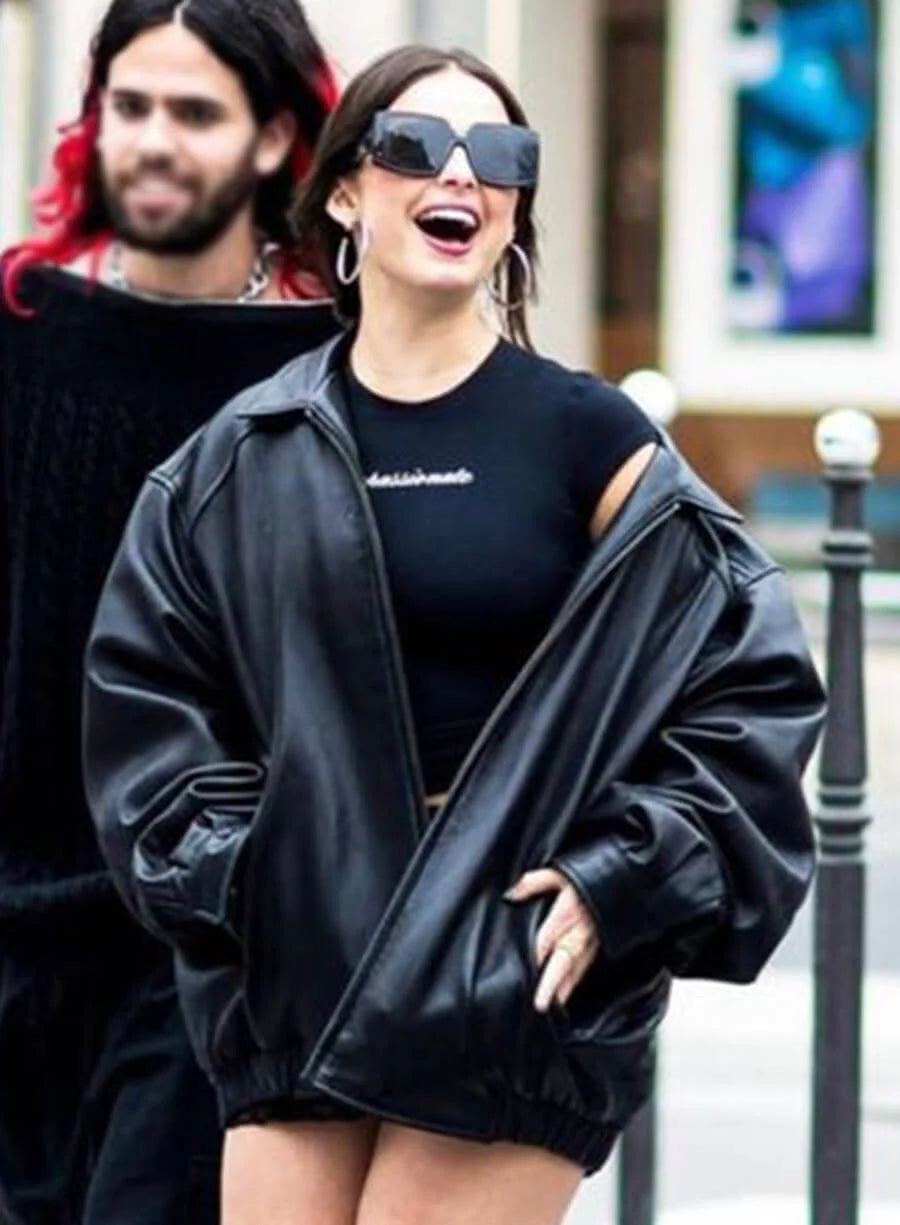 Hollywood Jackets Addison Rae Black Trucker Leather Jacket
