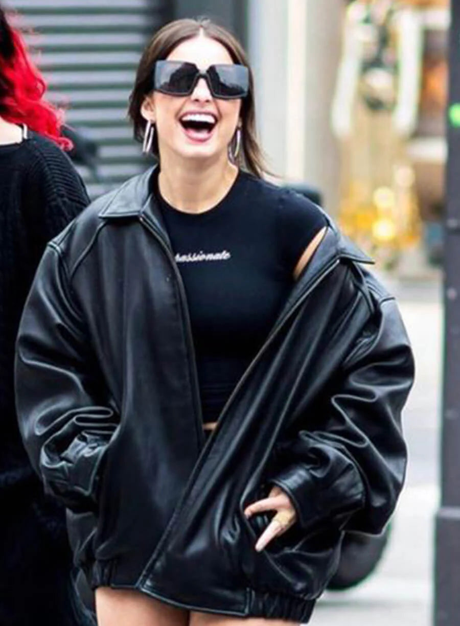 Hollywood Jackets Addison Rae Black Trucker Leather Jacket