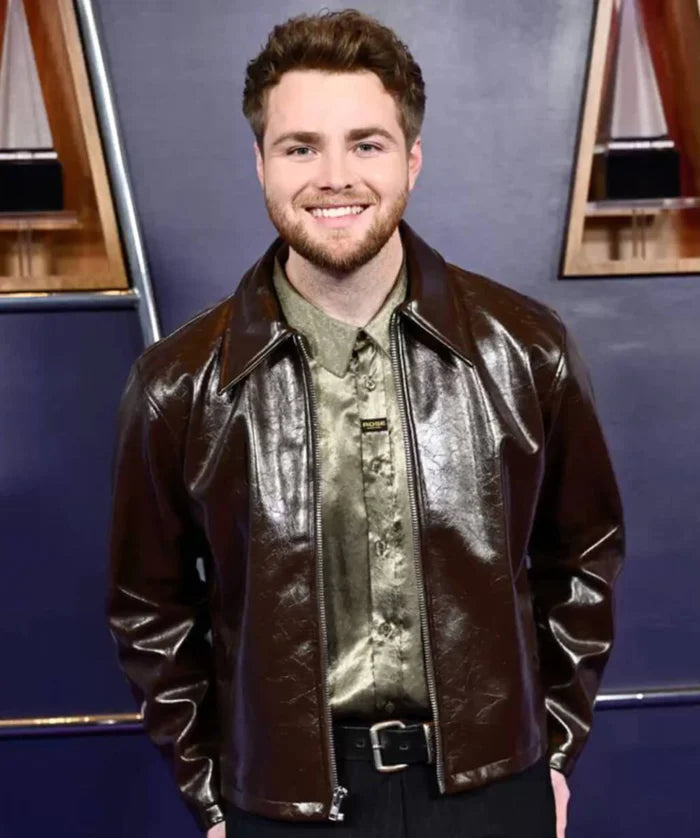 Polished Brown Leather Jacket Inspired by Alex Warren