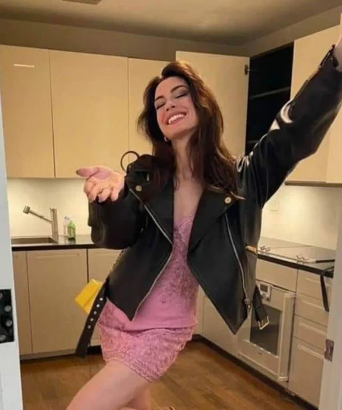 Hollywood Jackets Anne Hathaway Inspired Black Biker Leather Jacket