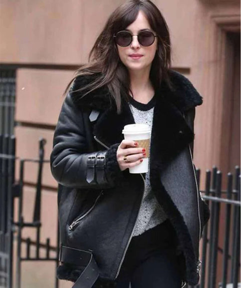 Dakota Johnson Black Shearling Leather Jacket