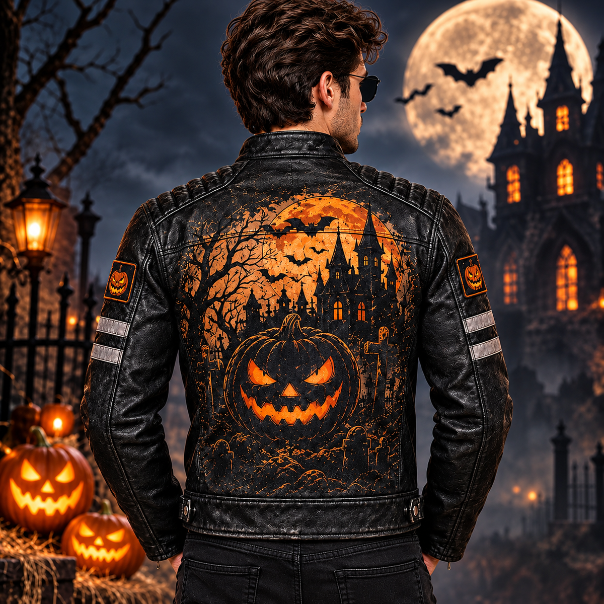 Men’s Black Halloween Leather Biker Jacket – Pumpkin & Haunted Castle Design | Hollywood Jackets