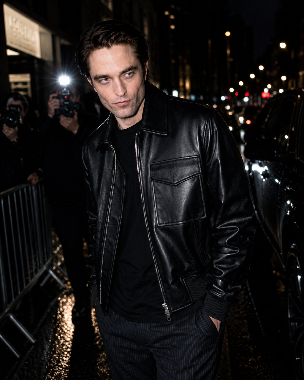 Robert Pattinson Black Leather Bomber Jacket | Hollywood Jackets