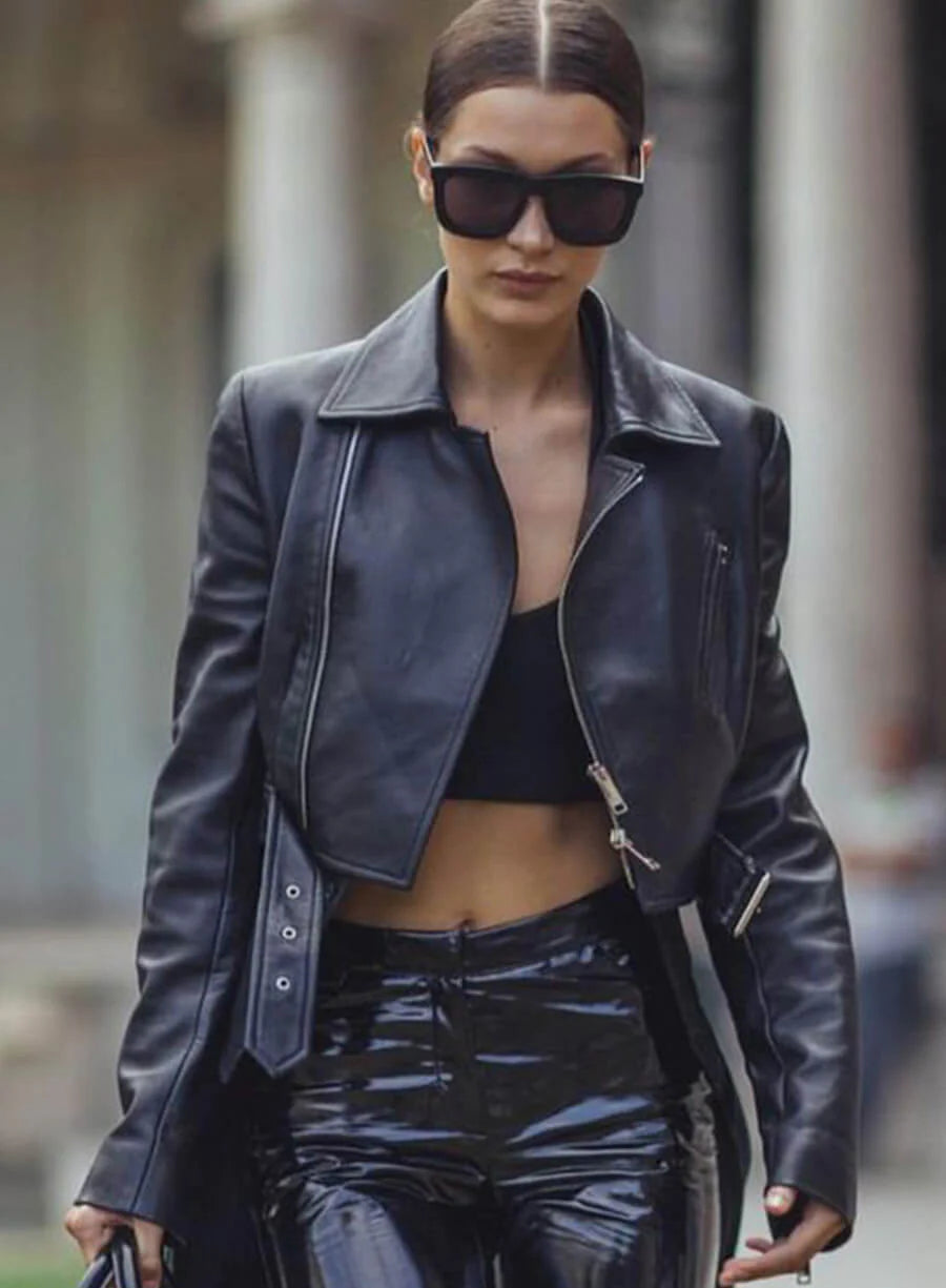 Hollywood Jackets Bella Hadid Black Biker Cropped Leather Jacket
