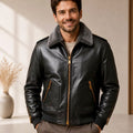 Men's Black Leather Bomber Jacket with Gray Plush Collar – Hollywood Jackets