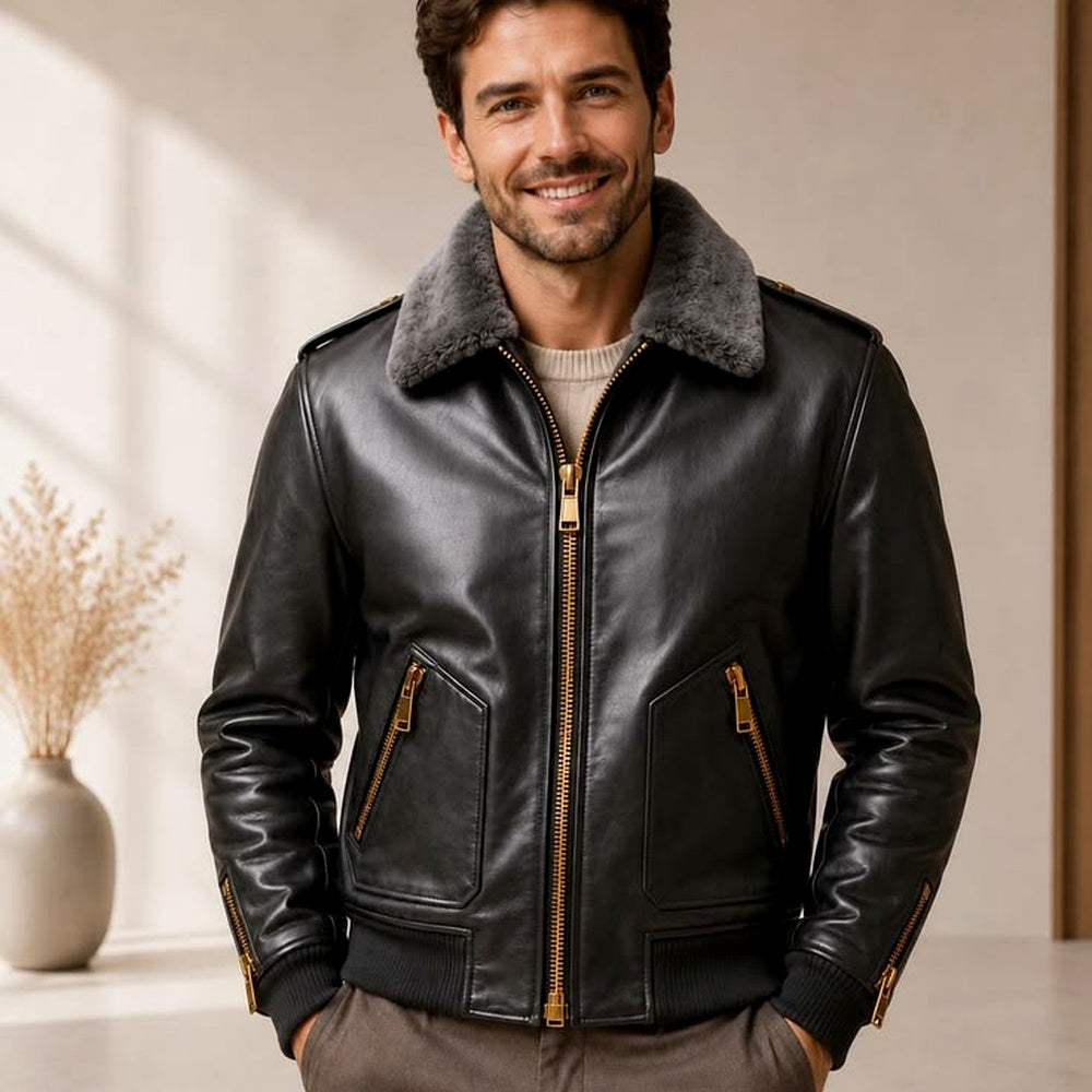 Men's Black Leather Bomber Jacket with Gray Plush Collar – Hollywood Jackets
