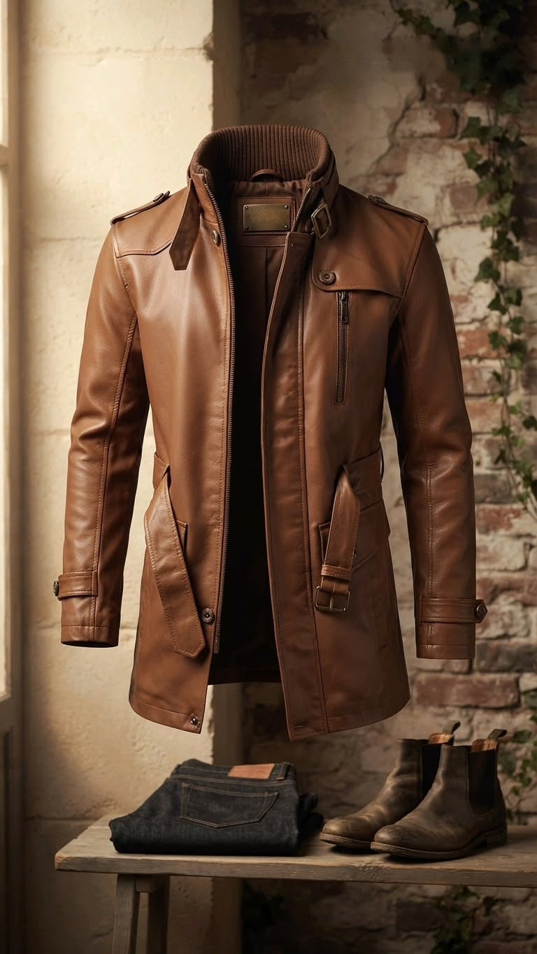 Men’s Cognac Brown Leather Trench Coat – Vintage Belted Jacket | Hollywood Jackets