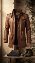 Men’s Cognac Brown Leather Trench Coat – Vintage Belted Jacket | Hollywood Jackets