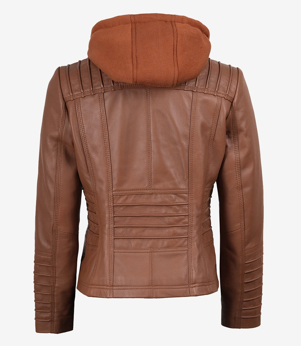 Hollywood Jacket Women's Cognac Brown Leather Jacket With Removable Hood