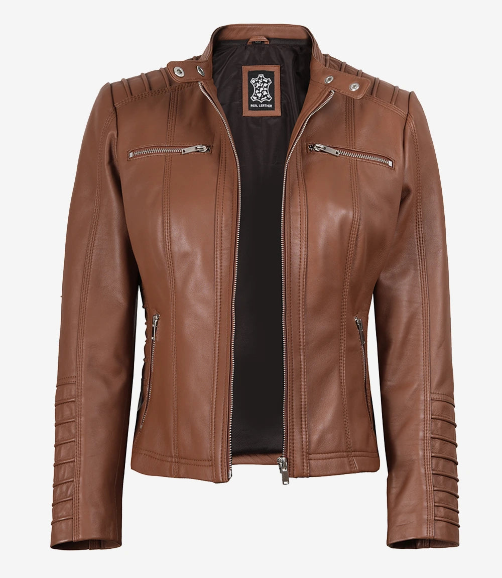 Hollywood Jacket Women's Cognac Brown Leather Jacket With Removable Hood
