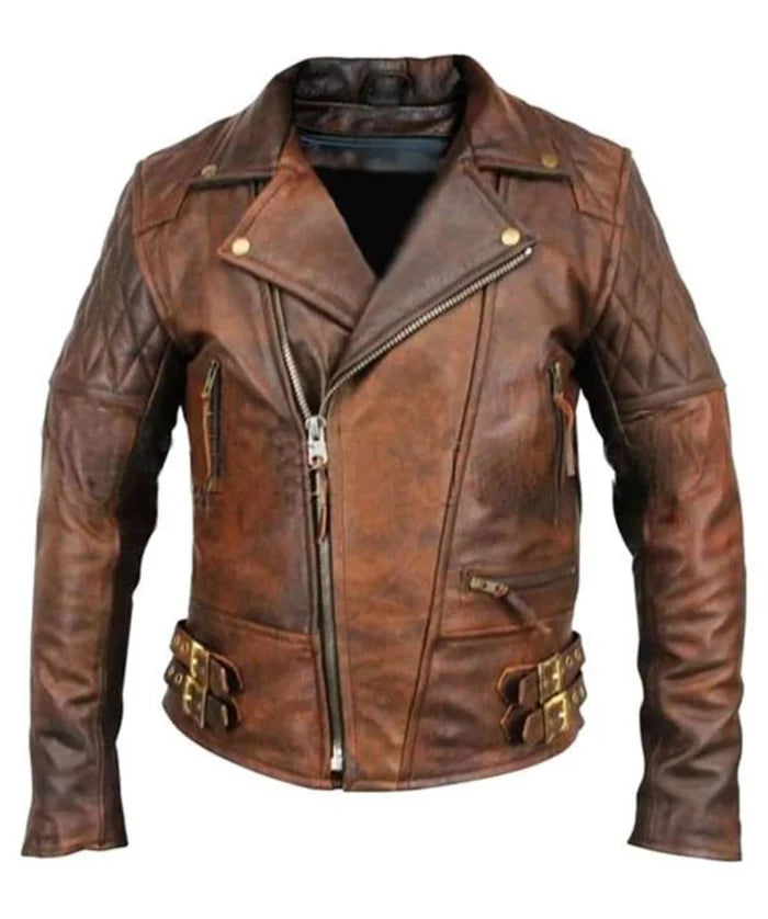 Classic Brown Diamond Biker Moto Leather Jacket