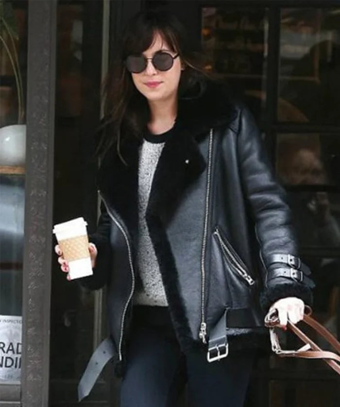 Dakota Johnson Black Shearling Leather Jacket