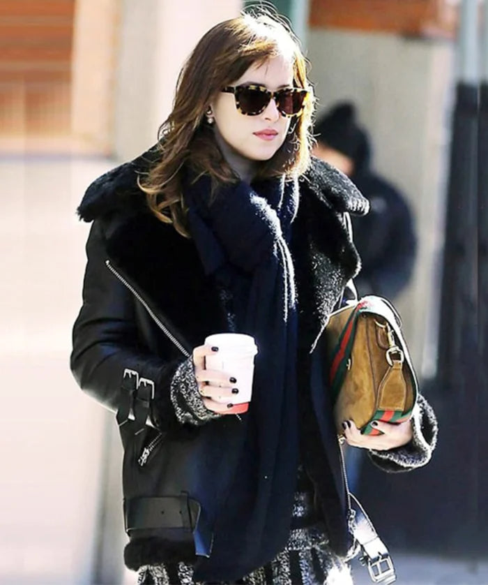 Dakota Johnson Black Shearling Leather Jacket