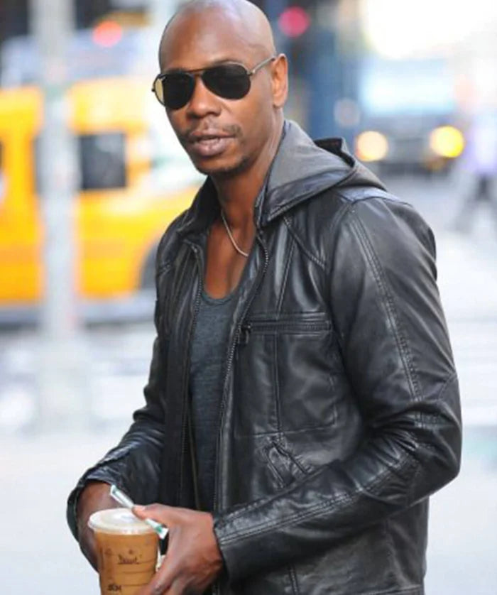 Dave Chappelle Inspired Black Leather Jacket with Hood