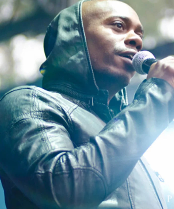 Dave Chappelle Inspired Black Leather Jacket with Hood