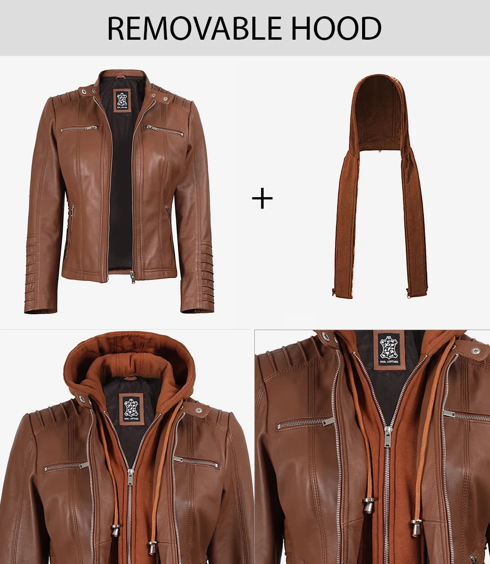 Hollywood Jacket Women's Cognac Brown Leather Jacket With Removable Hood