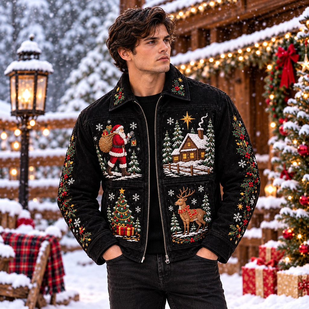 Hollywood Jacket Men's Black Christmas Embroidered Zip Jacket