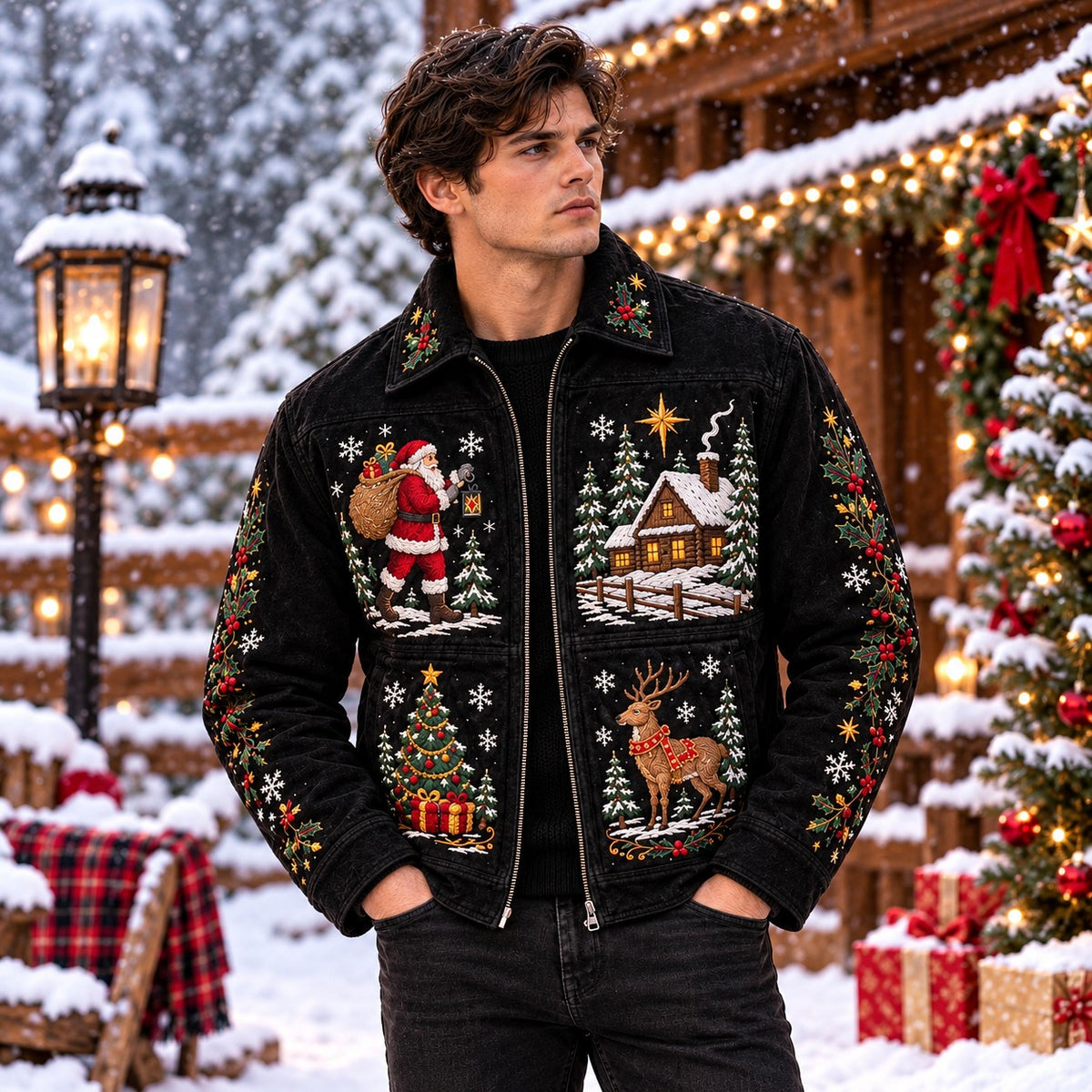 Hollywood Jacket Men's Black Christmas Embroidered Zip Jacket