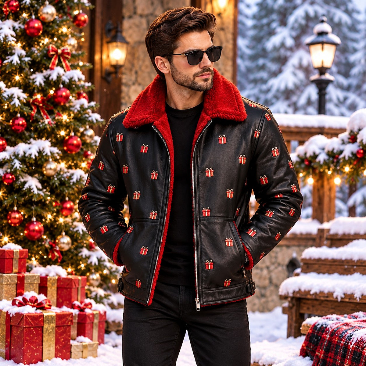 Hollywood Jacket Men's Black Christmas Gift Box Jacket with Red Plush Collar