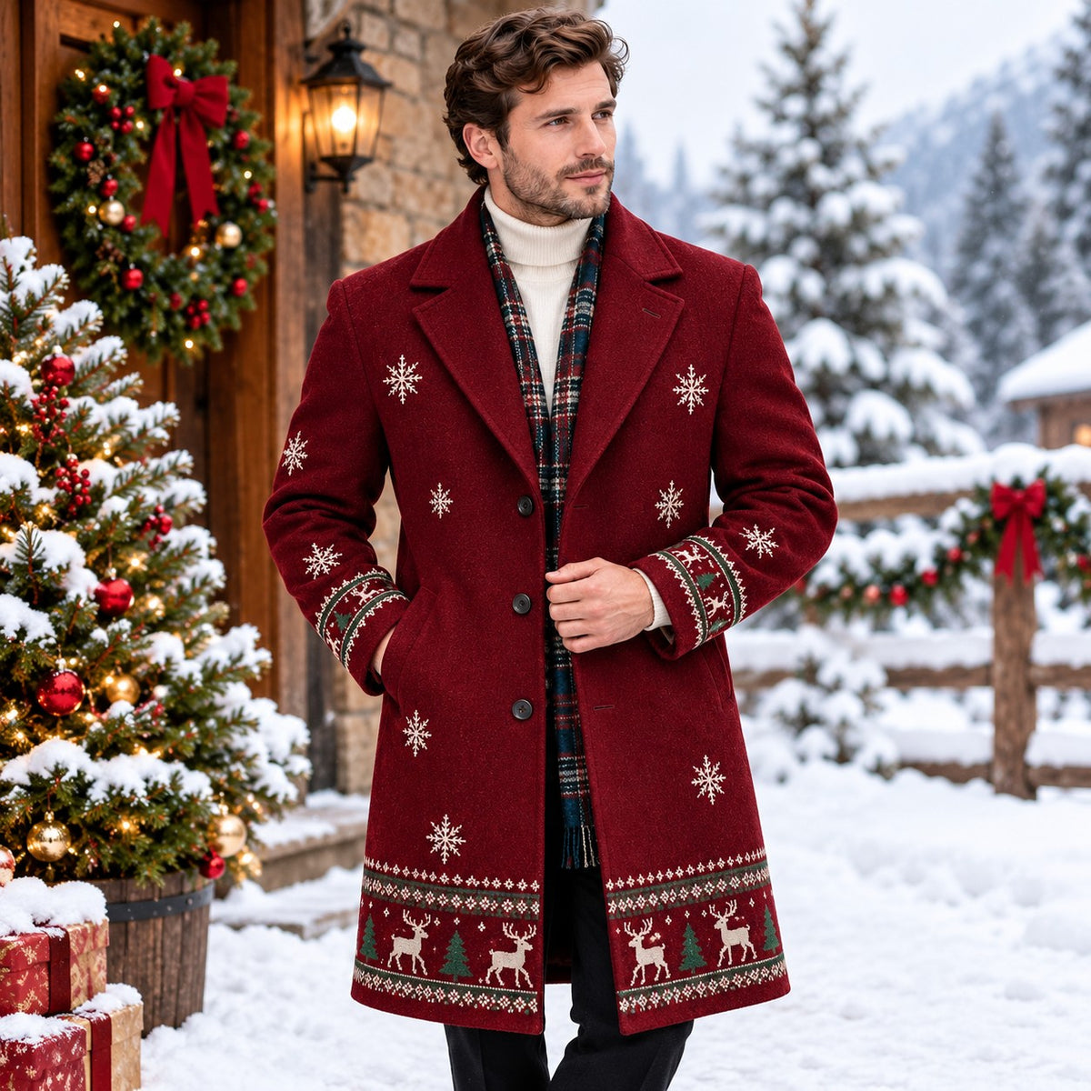 Hollywood Jacket Men's Burgundy Christmas Reindeer Embroidered Overcoat