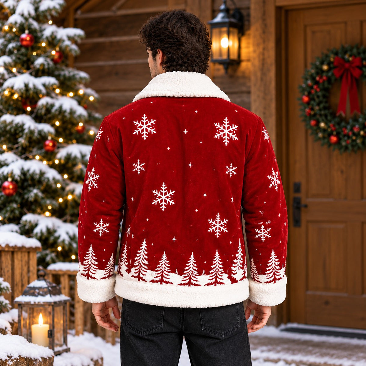 Hollywood Jacket Men's Red Christmas Snowflake Jacket with Plush Collar - photo 3
