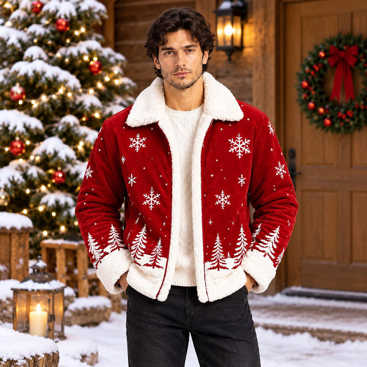 Hollywood Jacket Men's Red Christmas Snowflake Jacket with Plush Collar