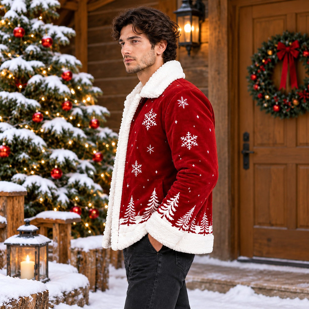 Hollywood Jacket Men's Red Christmas Snowflake Jacket with Plush Collar - photo 2
