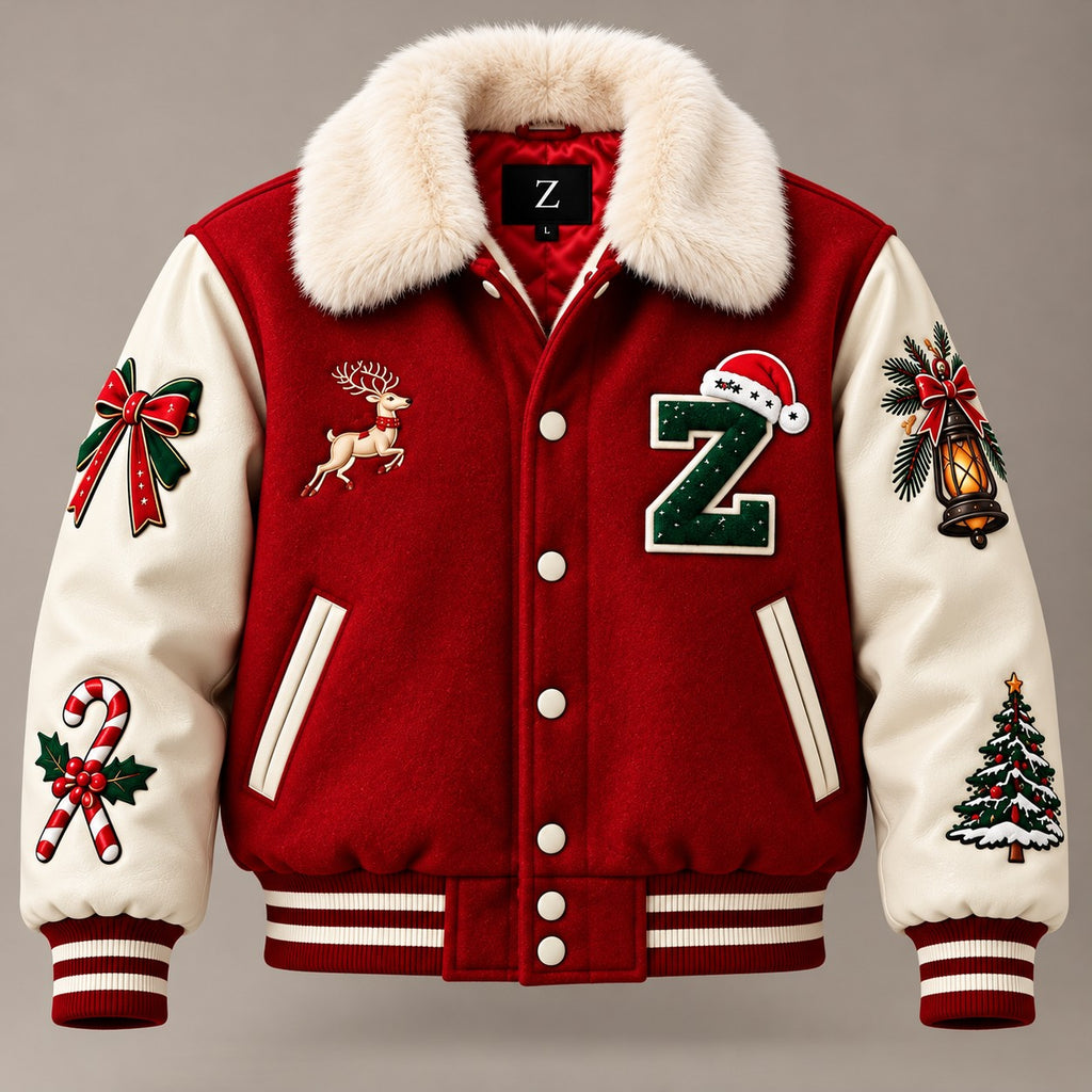 Hollywood Jacket Red Christmas Varsity Jacket with Plush Collar