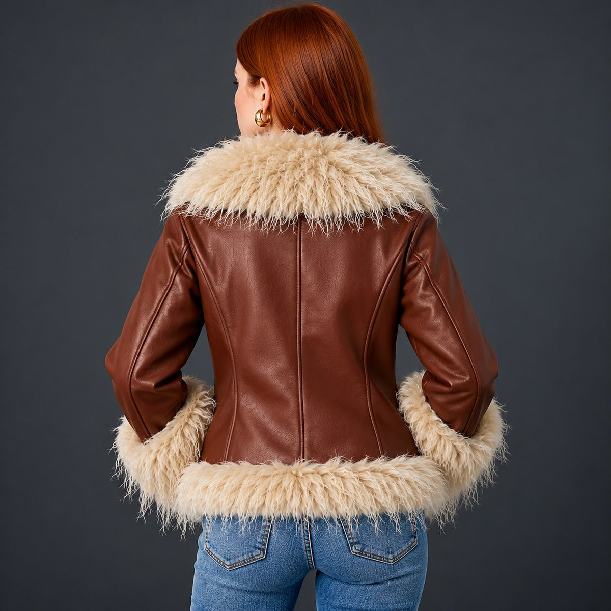 Hollywood Jacket Women's Brown Retro Jacket with Shaggy Fur Collar & Trim - photo 2