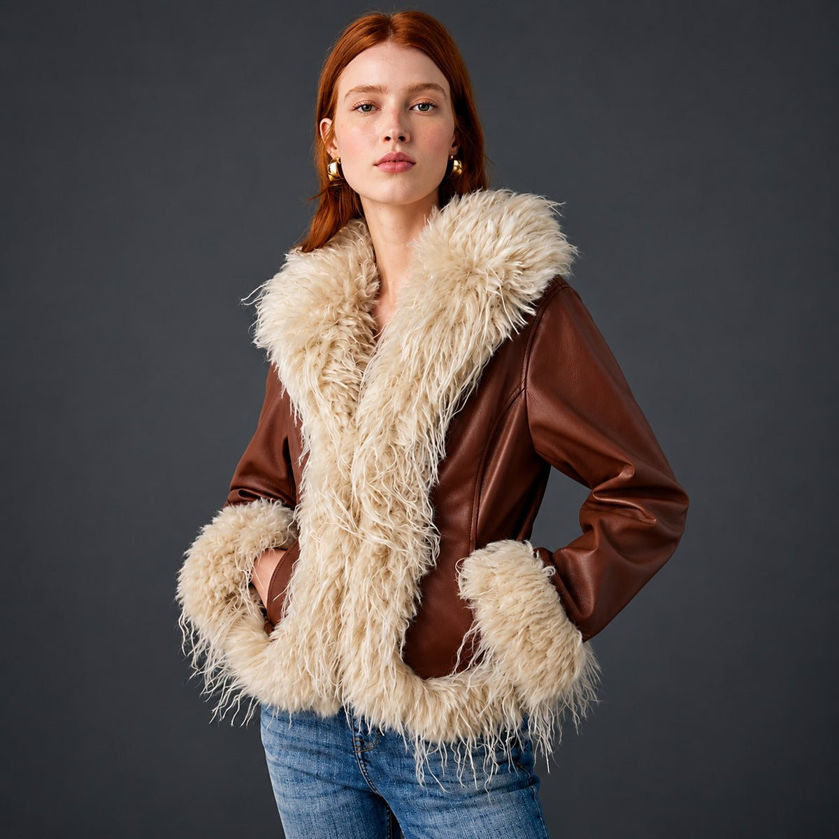 Hollywood Jacket Women's Brown Retro Jacket with Shaggy Fur Collar & Trim