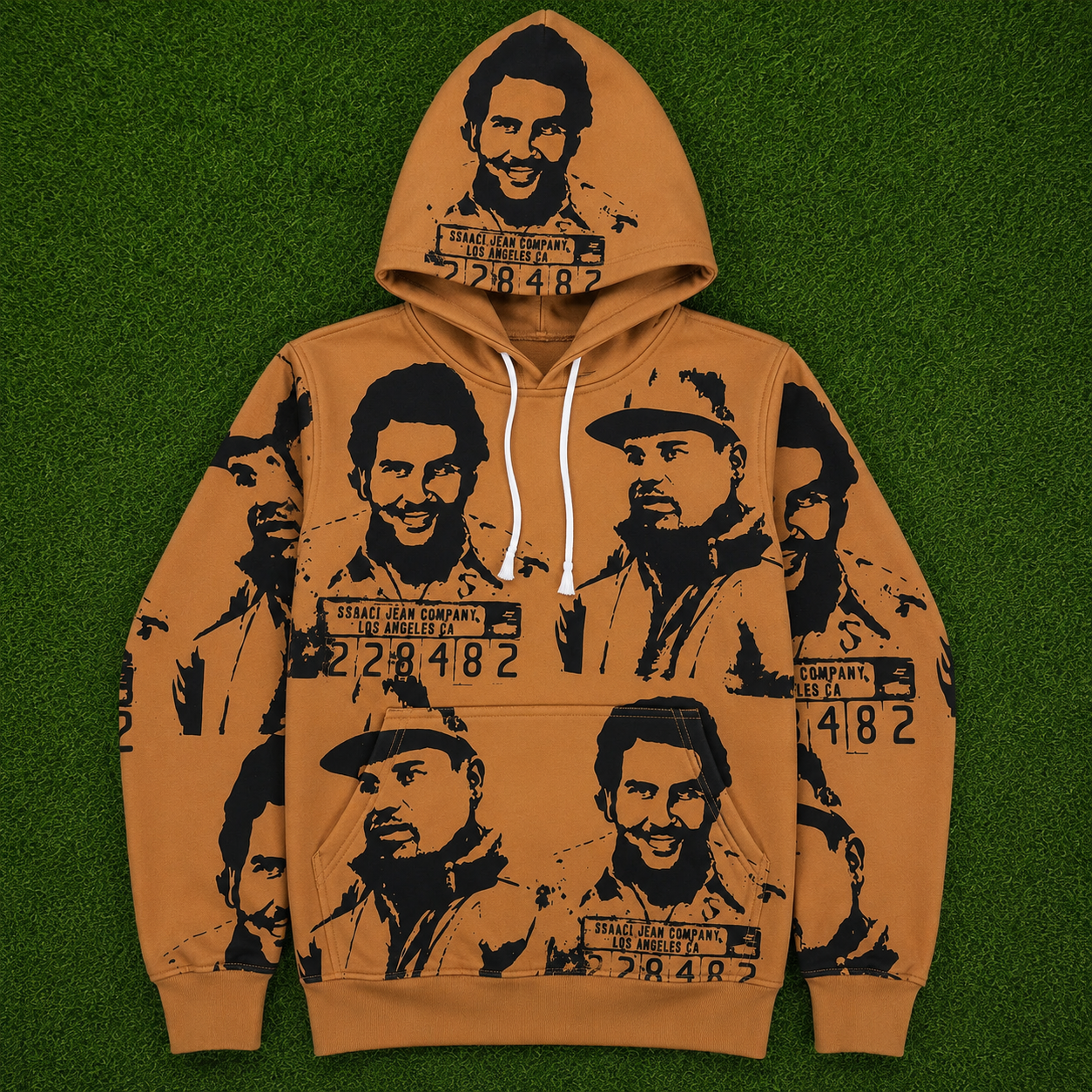 Hollywood Jackets camel Hoodie with All-Over Black Graphic Print and Kangaroo Pocket