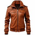 Women's Brown Bomber Jacket with Strap Pocket