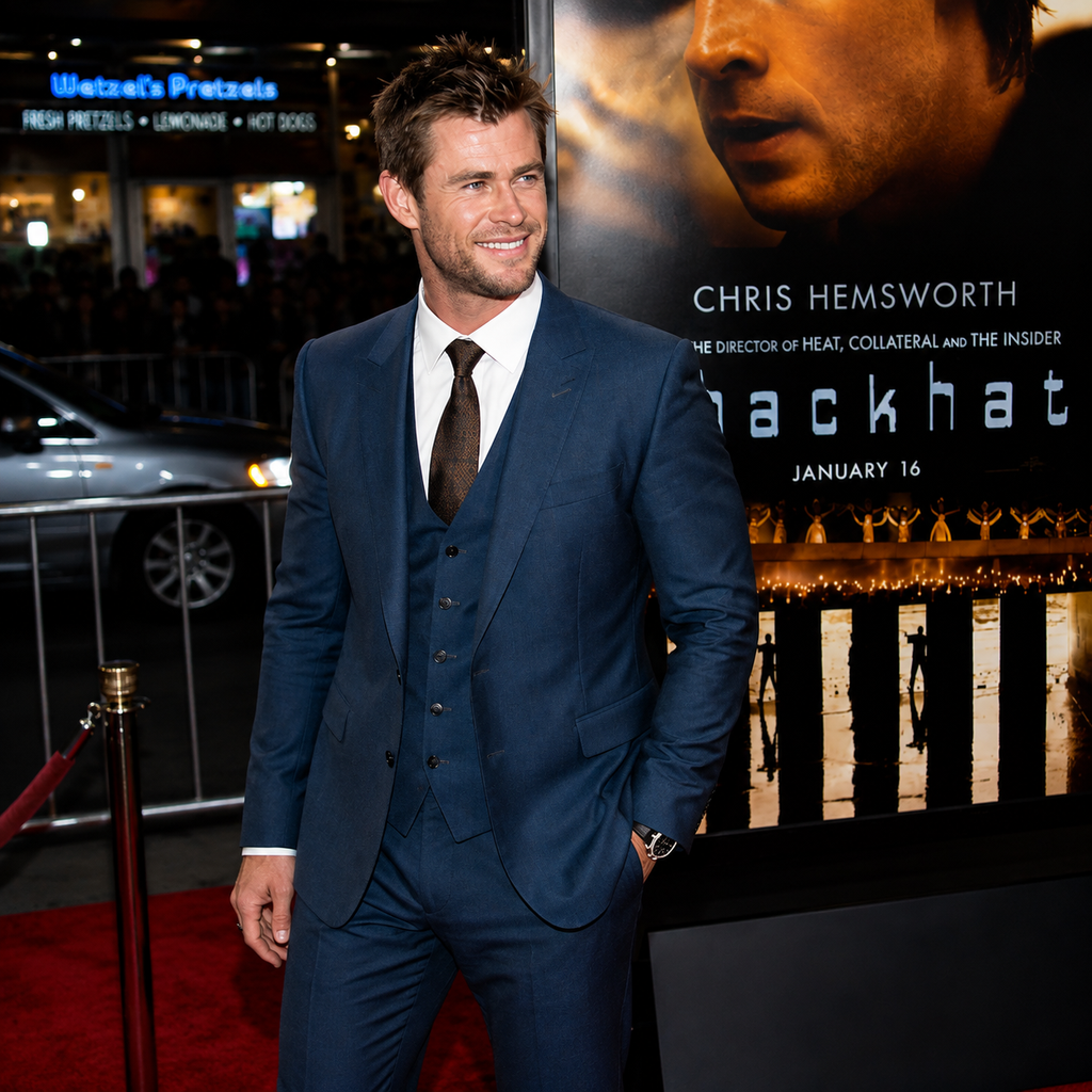 chris hemsworth Men’s Navy Blue 3 Piece Suit