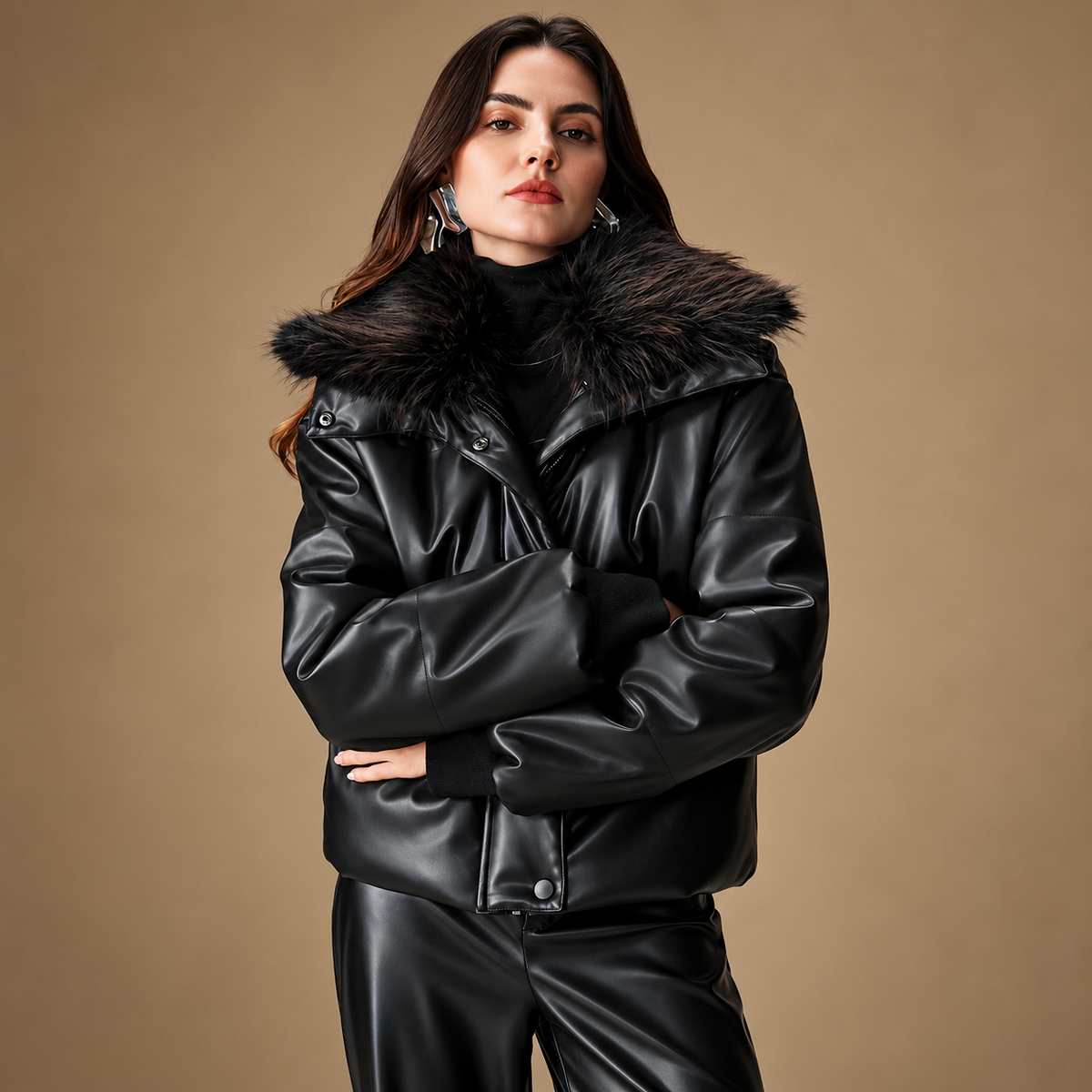 Hollywood Jackets Women’s Black Fluffy Collar Faux Leather Puffer Jacket