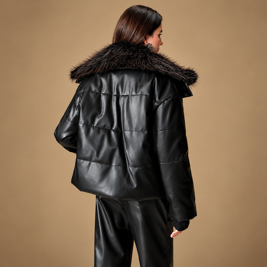 Hollywood Jackets Women’s Black Fluffy Collar Faux Leather Puffer Jacket